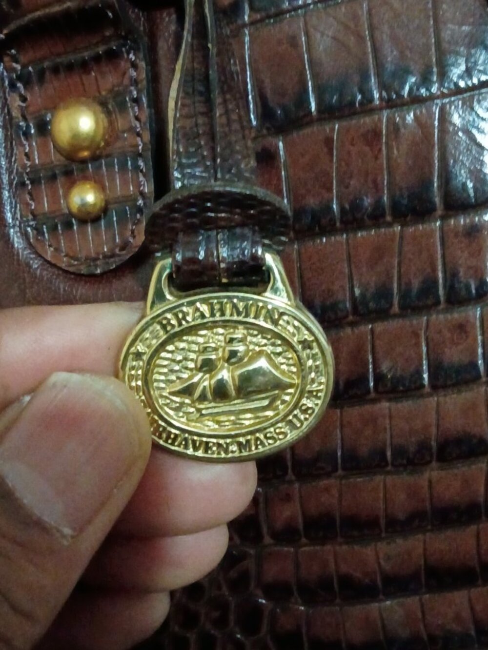 Brahmin Pecan Brown Crocodile Croc Embossed Leather Purse Handbag Dome Top - Picture 2 of 13
